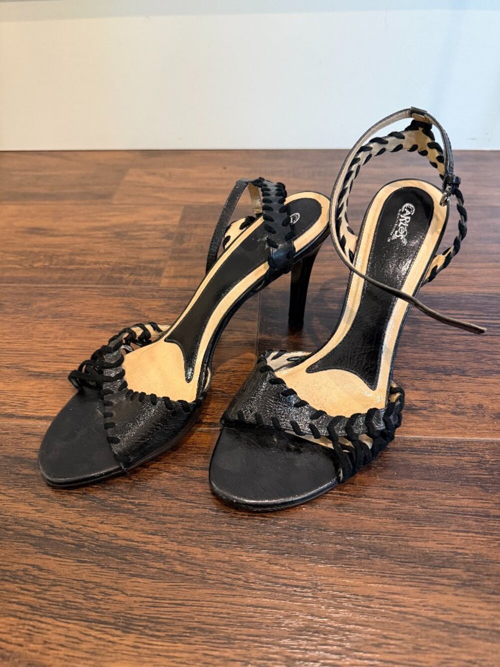Carlos by Carlos Santana Black Leather Whipstitch Slingback Heels Women's Size 9